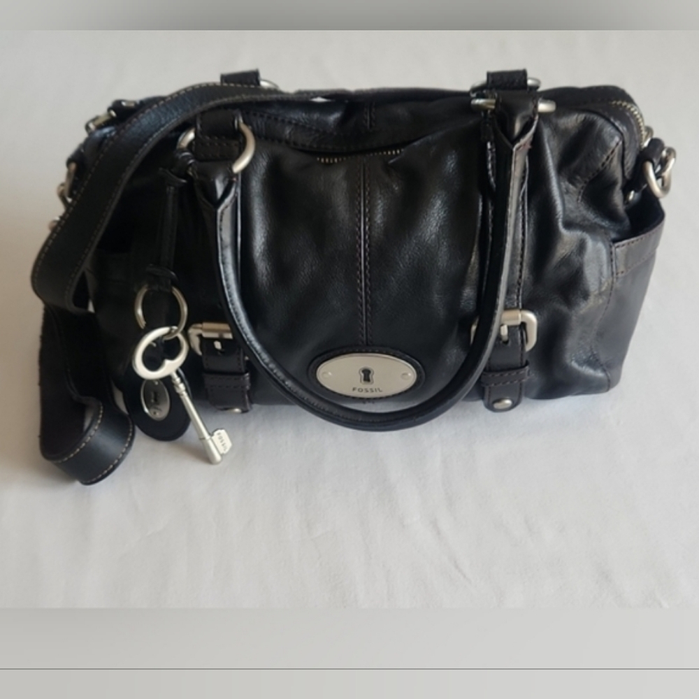 Fossil Maddox Black Leather Satchel Crossbody Bag